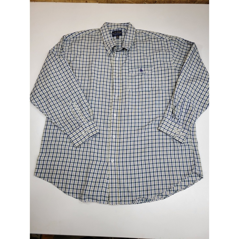 Oxford Men's XXL Plaid Button Down Shirt Blue Green Tan Long Sleeve Cotton Blend